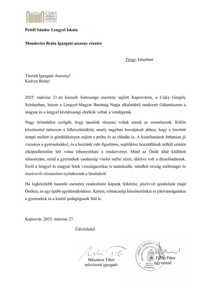 Podziękowania ze strony dyrekcji Teatru Gergelya Csikyego w Kaposvár!